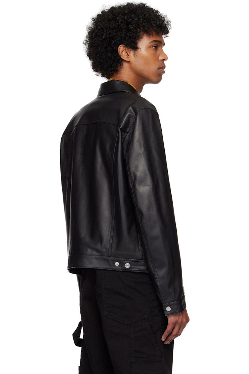 Grained leather jacket. 

· Spread collar
· Press-stud closure
· Flap pockets and welt pockets
· Adjustable press-stud tab at side seams
· Single-press-stud barrel cuffs
· Welt pocket at interior
· Full satin lining
· Logo engraved silver-tone hardware

Supplier color: Black