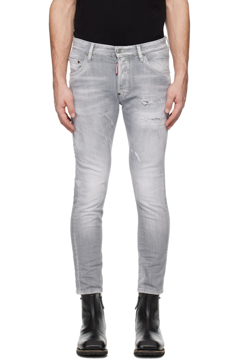 Slim-fit stretch denim jeans. Distressing, fading, and whiskering throughout.

· Belt loops
· Five-pocket styling
· Logo flag at button-fly
· Logo patch at back waistband
· Logo-engraved silver- and copper-tone hardware

Supplier color: Grey