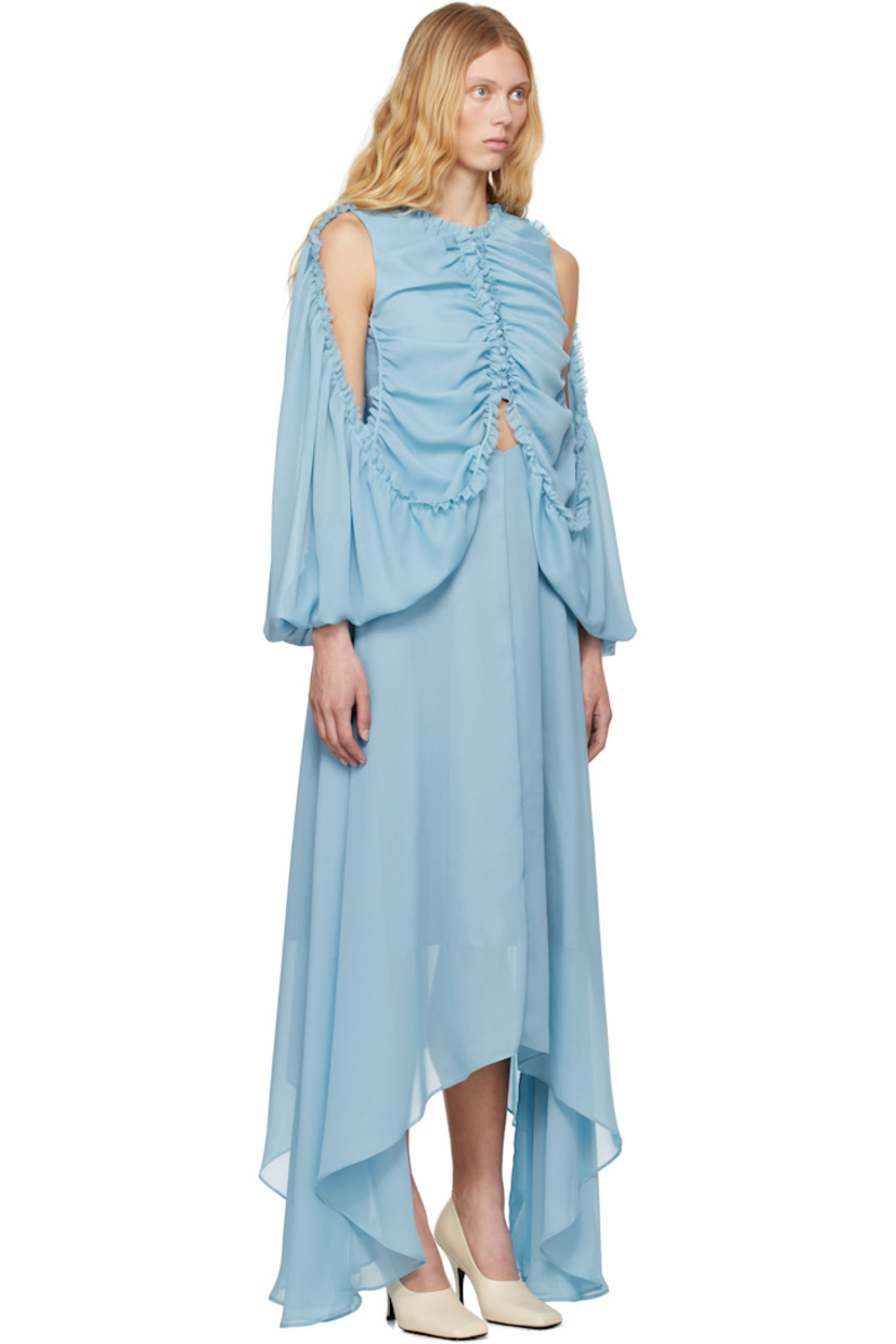Polyester chiffon midi dress. Shirring, ruffles, and raw edges throughout. 

· Round neck
· Button closure 
· Cutout at front waist 
· Handkerchief hem
· Draping and cutout at cape-style sleeves 
· Concealed zip closure at back collar
· Partial twill lining 

Supplier color: Smoke blue
