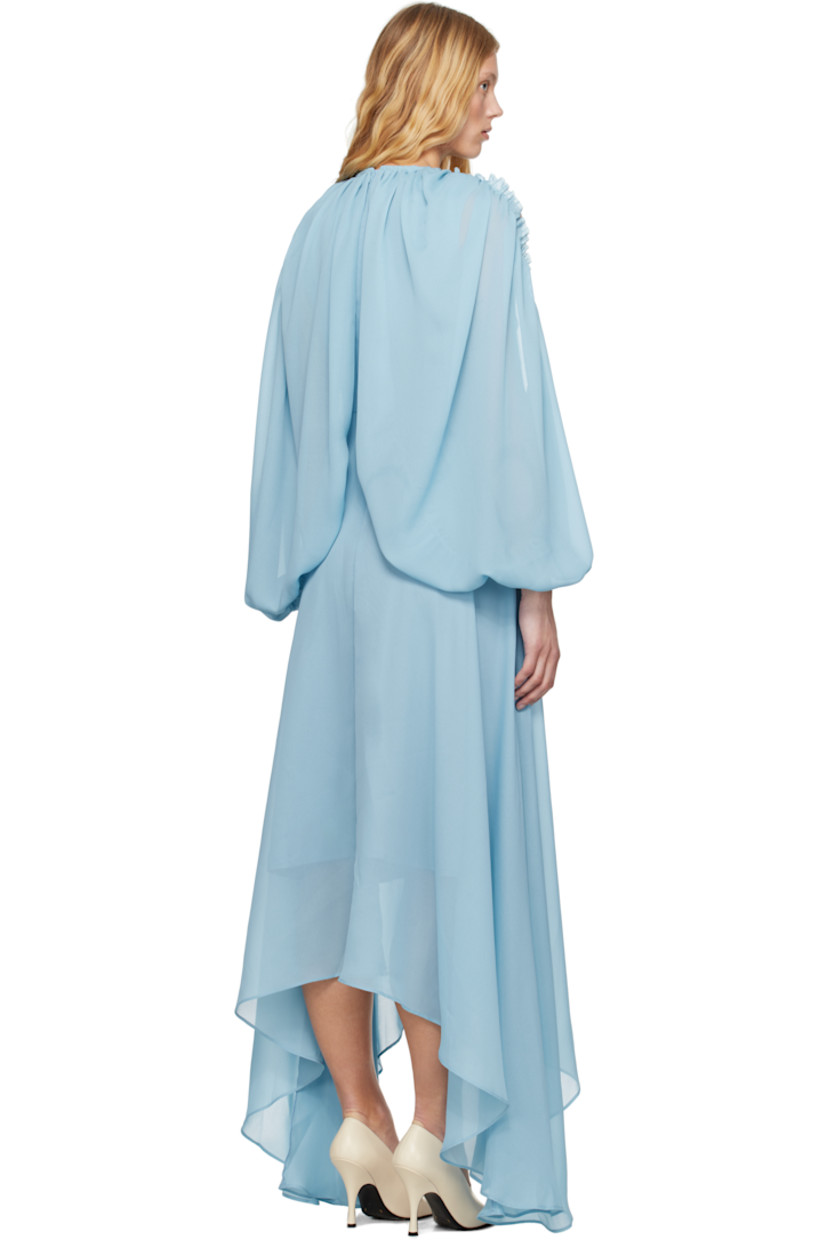 Polyester chiffon midi dress. Shirring, ruffles, and raw edges throughout. 

· Round neck
· Button closure 
· Cutout at front waist 
· Handkerchief hem
· Draping and cutout at cape-style sleeves 
· Concealed zip closure at back collar
· Partial twill lining 

Supplier color: Smoke blue