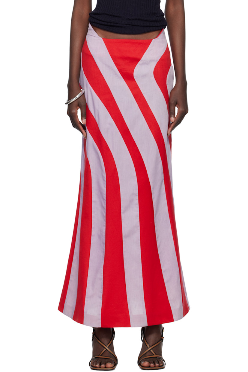 Cotton twill and broadcloth maxi skirt. Stripe pattern throughout.

· Paneled construction
· Asymmetrical waistband
· Flared hem
· Offset concealed zip closure at back

Supplier color: Red/Blue