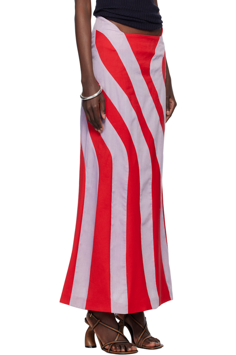 Cotton twill and broadcloth maxi skirt. Stripe pattern throughout.

· Paneled construction
· Asymmetrical waistband
· Flared hem
· Offset concealed zip closure at back

Supplier color: Red/Blue