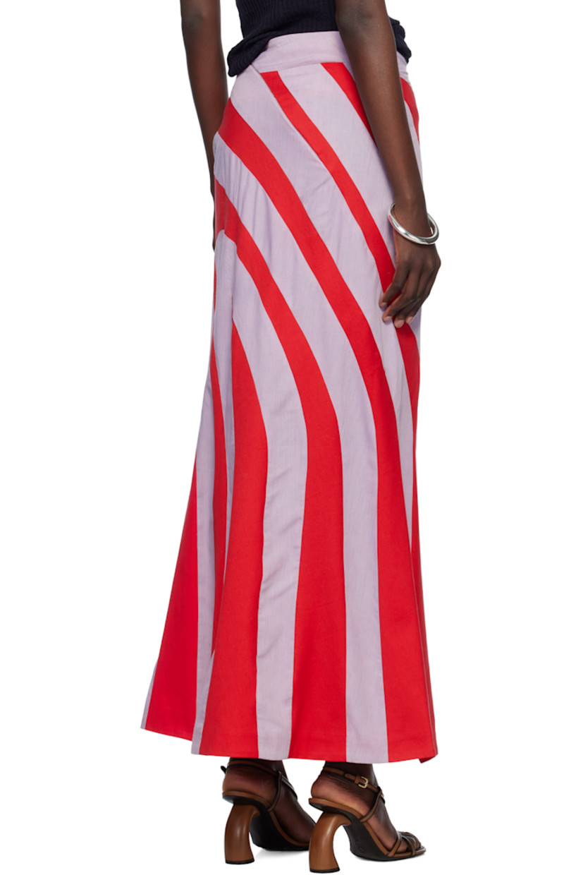 Cotton twill and broadcloth maxi skirt. Stripe pattern throughout.

· Paneled construction
· Asymmetrical waistband
· Flared hem
· Offset concealed zip closure at back

Supplier color: Red/Blue