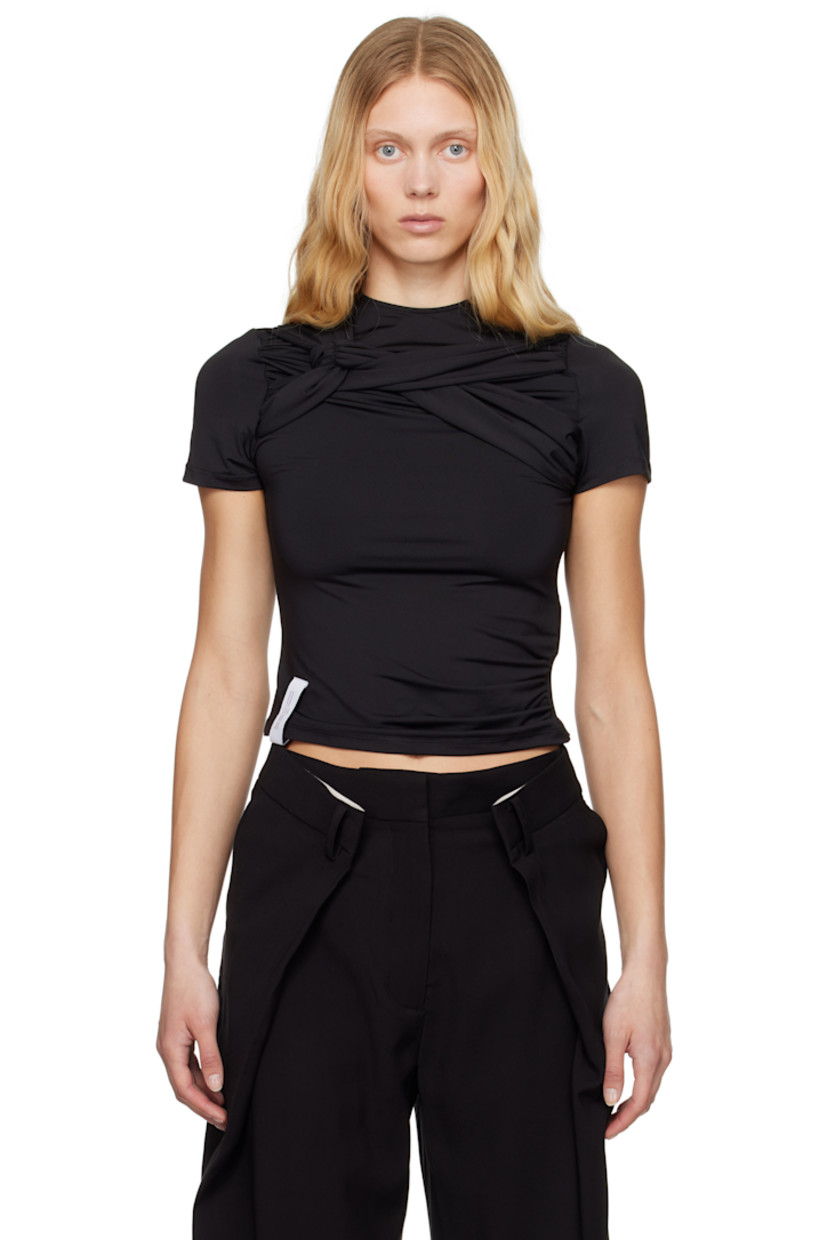 Stretch polyester jersey T-shirt. 

· Crewneck
· Gathering and knotted detailing at chest
· Logo patch at front hem 
· Zip closure at back collar 

Supplier color: Black