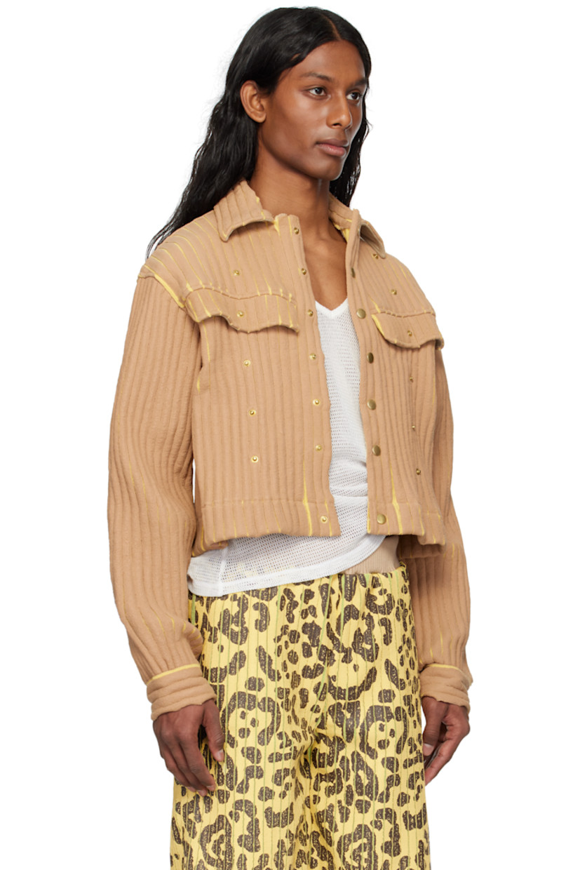 Coated rib-knit merino wool- and acrylic-blend jacket. 

· Spread collar
· Press-stud closure
· Flap pockets at chest
· Studs at front

Supplier color: Camel