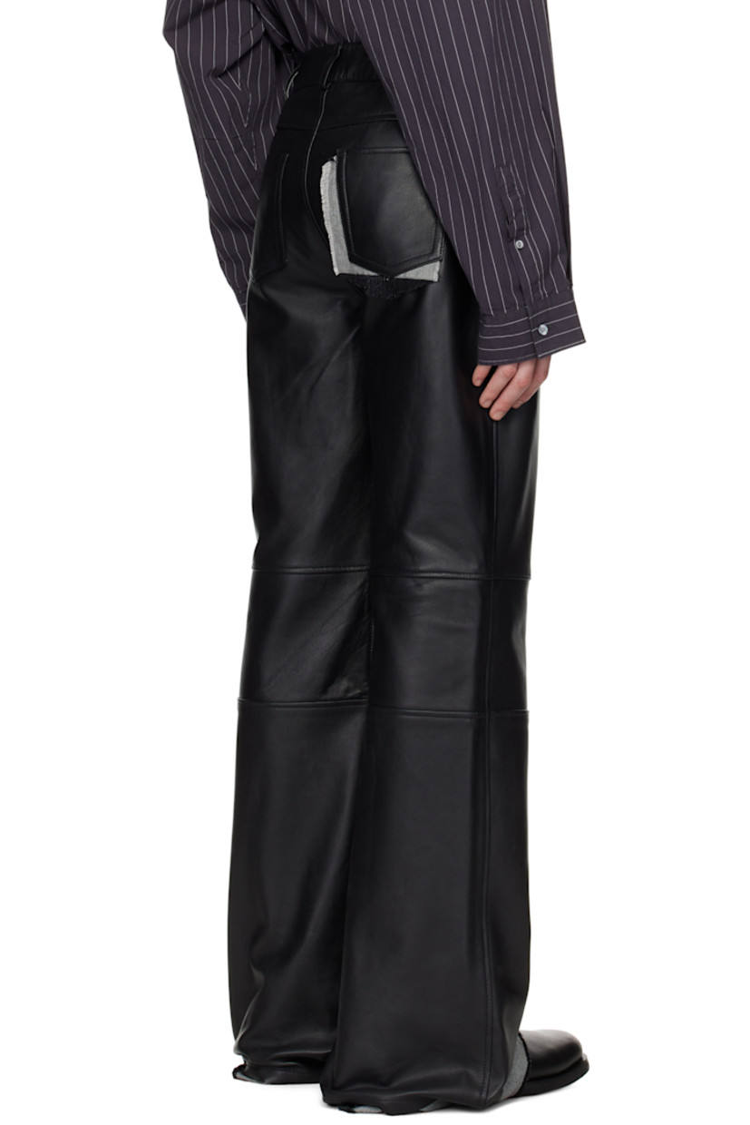 Upcycled buffed lambskin pants. Frayed non-stretch denim trim at knee, cuffs, and back pocket.

· Belt loops
· Five-pocket styling
· Zip fly
· Cutout at knee
· Partial recycled polyester twill lining
· Logo-engraved silver-tone hardware

Supplier color: Black