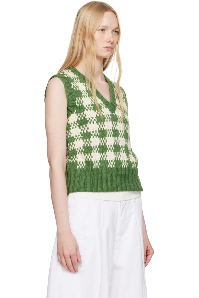 Hand-knit cotton vest. 

· Jacquard check pattern throughout 
· Rib-knit V-neck, hem, and armscyes

Supplier color: Green