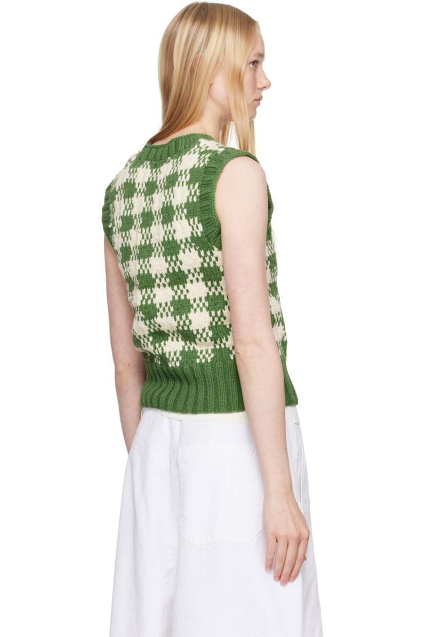 Hand-knit cotton vest. 

· Jacquard check pattern throughout 
· Rib-knit V-neck, hem, and armscyes

Supplier color: Green