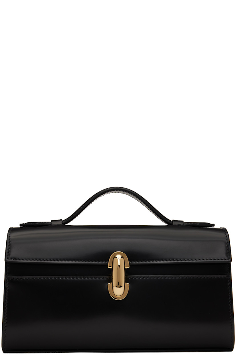 Polished calfskin top handle bag in black.

· Fixed carry handle
· Turn-lock flap
· Card slot at interior
· Buffed calfskin lining
· H4.75" x W8.5" x D3"

Supplier color: Black