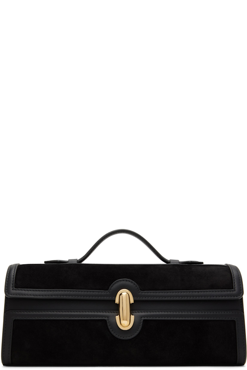 Calfskin suede top handle bag in black.

· Buffed calfskin trim throughout
· Fixed carry handle
· Turn-lock flap
· Card slot at interior
· Buffed calfskin lining
· H4.5" x W10.5" x D3"

Supplier color: Black
