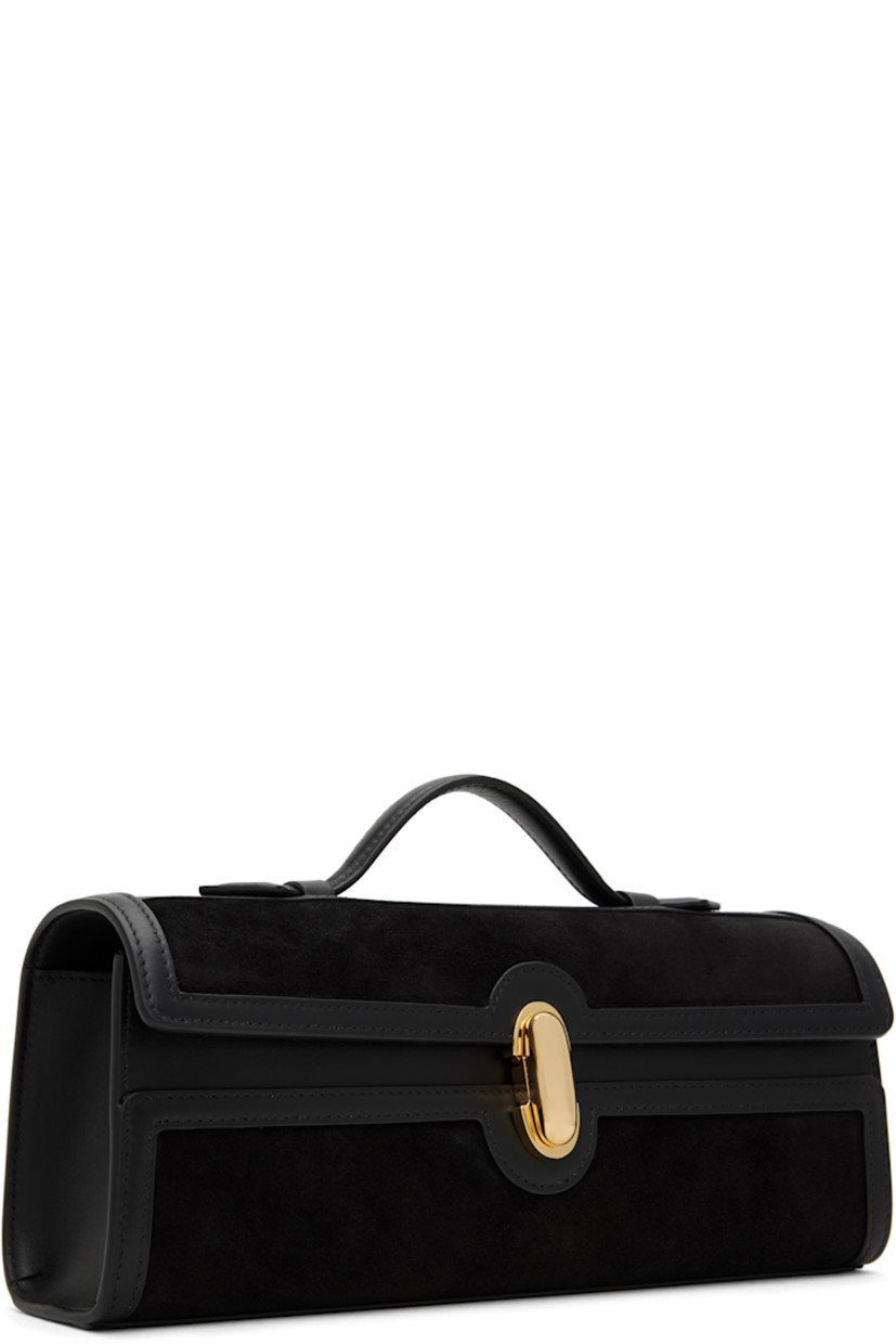 Calfskin suede top handle bag in black.

· Buffed calfskin trim throughout
· Fixed carry handle
· Turn-lock flap
· Card slot at interior
· Buffed calfskin lining
· H4.5" x W10.5" x D3"

Supplier color: Black