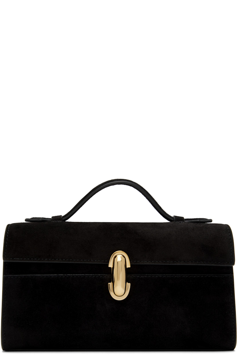 Calfskin suede top handle bag in black.

· Burnished edges throughout
· Fixed carry handle
· Turn-lock flap
· Card slot at interior
· Buffed calfskin lining
· H4.75" x W8.5" x D2.75"

Supplier color: Black