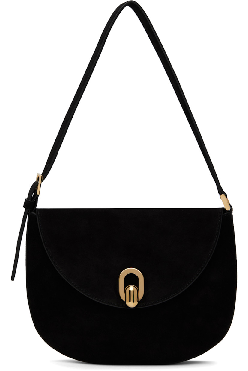 Calfskin suede shoulder bag in black.

· Burnished edges throughout
· Adjustable shoulder strap
· Tab-slot flap
· Card slot at interior
· Calfskin suede interior
· H7.5" x W10" x D0.75"

Supplier color: Black