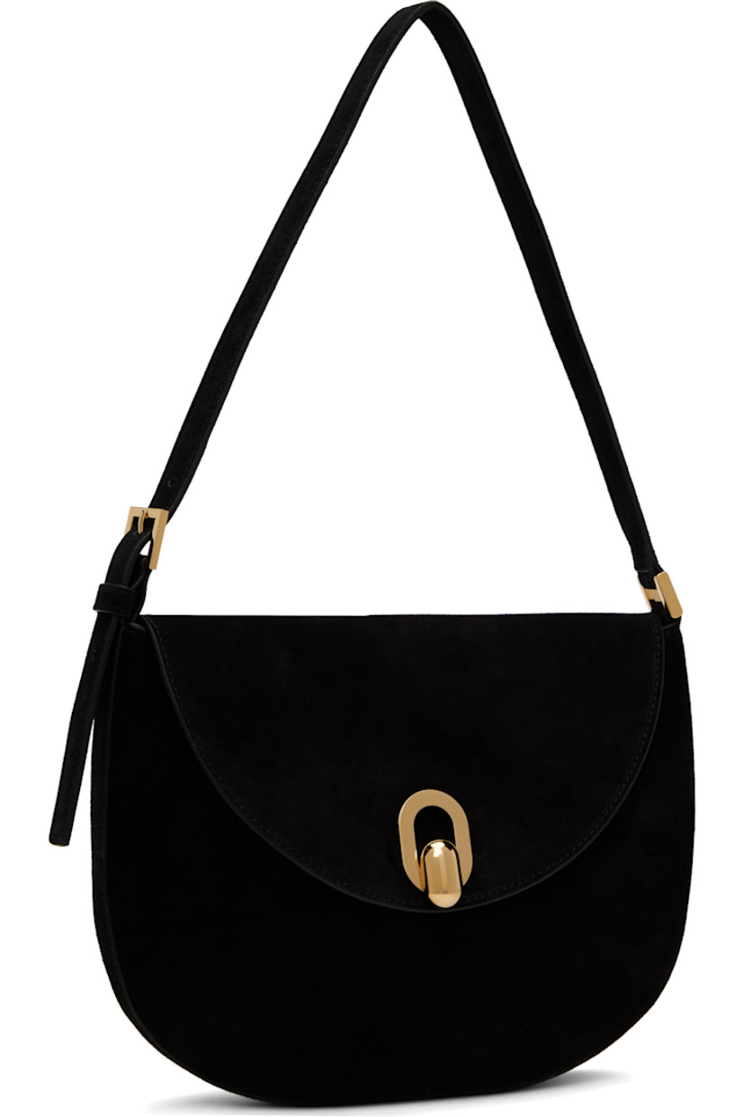 Calfskin suede shoulder bag in black.

· Burnished edges throughout
· Adjustable shoulder strap
· Tab-slot flap
· Card slot at interior
· Calfskin suede interior
· H7.5" x W10" x D0.75"

Supplier color: Black