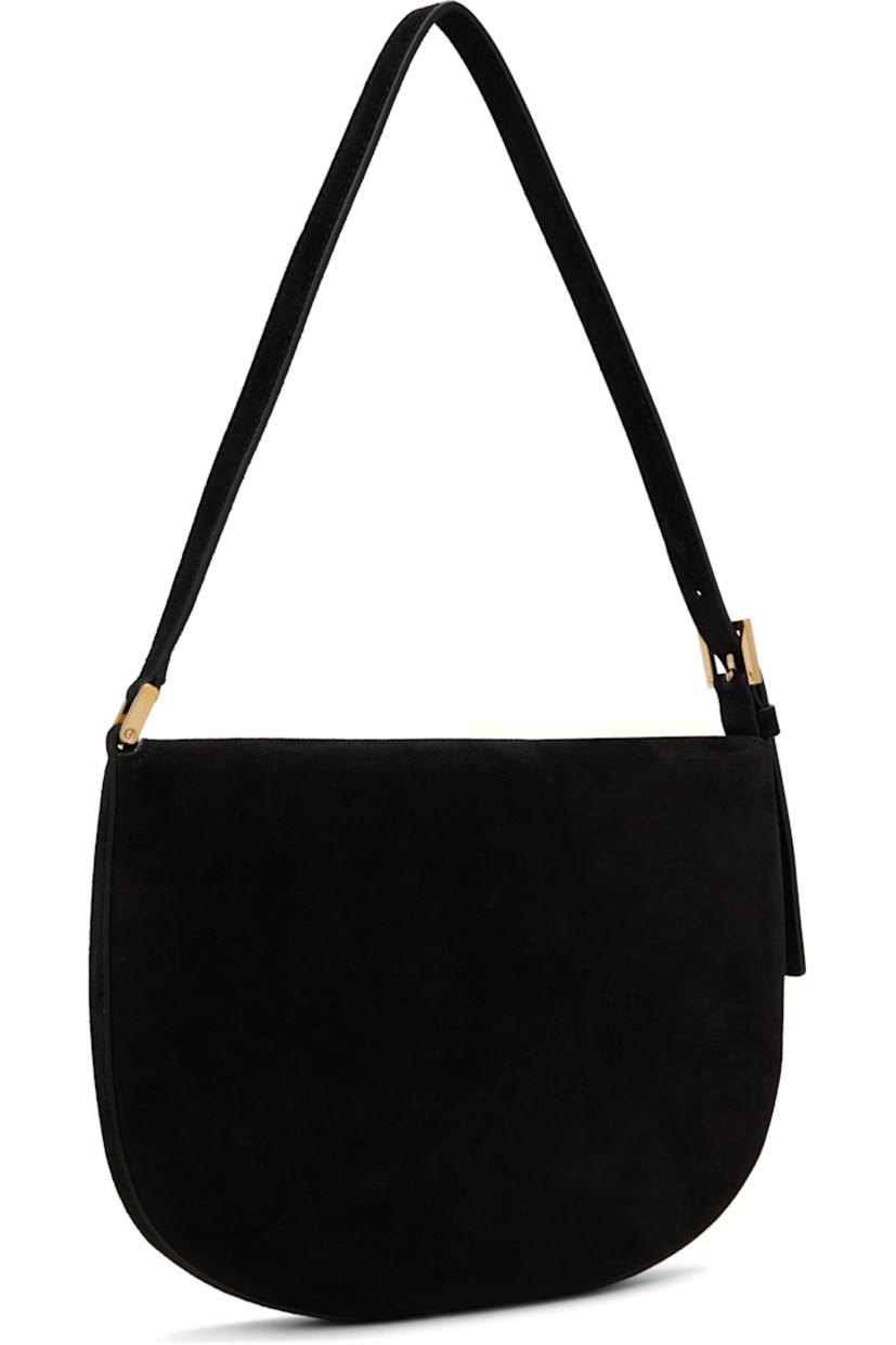 Calfskin suede shoulder bag in black.

· Burnished edges throughout
· Adjustable shoulder strap
· Tab-slot flap
· Card slot at interior
· Calfskin suede interior
· H7.5" x W10" x D0.75"

Supplier color: Black