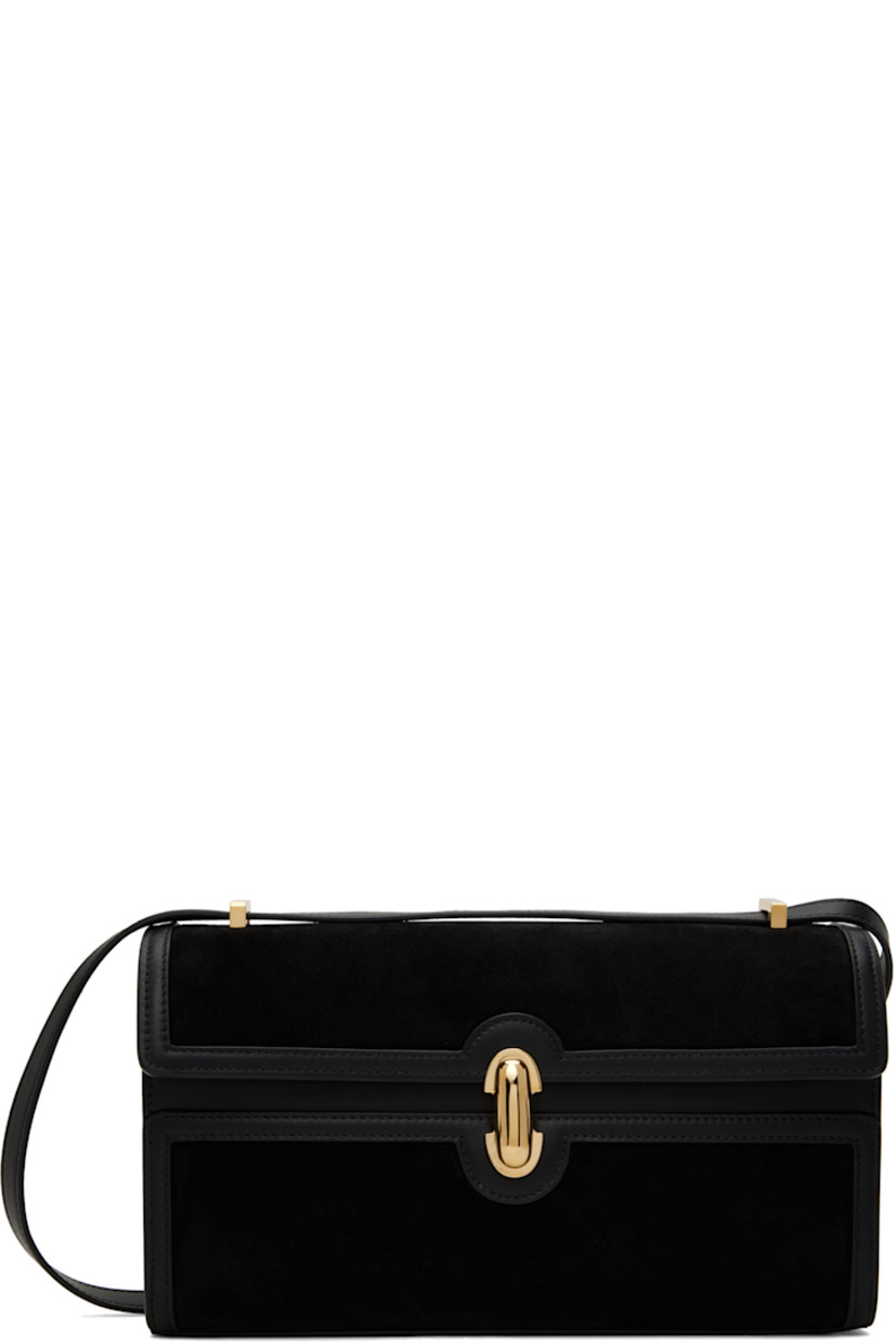 Calfskin suede shoulder bag in black.

· Buffed calfskin trim throughout.
· Convertible crossbody strap
· Bumper studs at base
· Turn-lock flap
· Patch pocket at interior
· Buffed calfskin lining
· H5.5" x W10" x D3"

Supplier color: Black