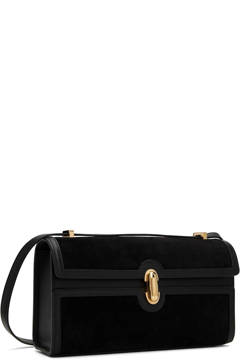 Calfskin suede shoulder bag in black.

· Buffed calfskin trim throughout.
· Convertible crossbody strap
· Bumper studs at base
· Turn-lock flap
· Patch pocket at interior
· Buffed calfskin lining
· H5.5" x W10" x D3"

Supplier color: Black