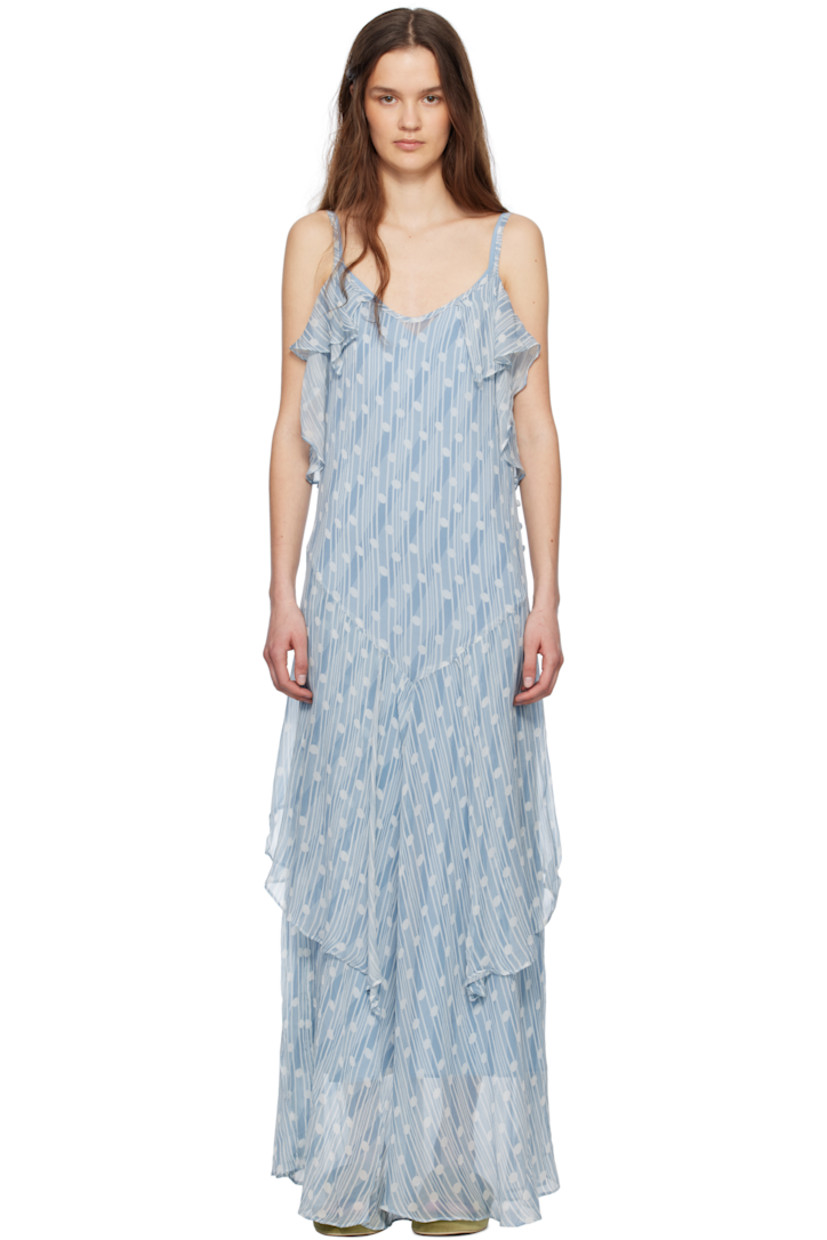 Semi-sheer silk gauze maxi dress. Ruffled trim, stripes, and polka dot pattern throughout.

· Plunging V-neck
· Fixed spaghetti straps
· Removable silk crêpe slip-style lining

This item is part of a limited run of 30.

Supplier color: Blue