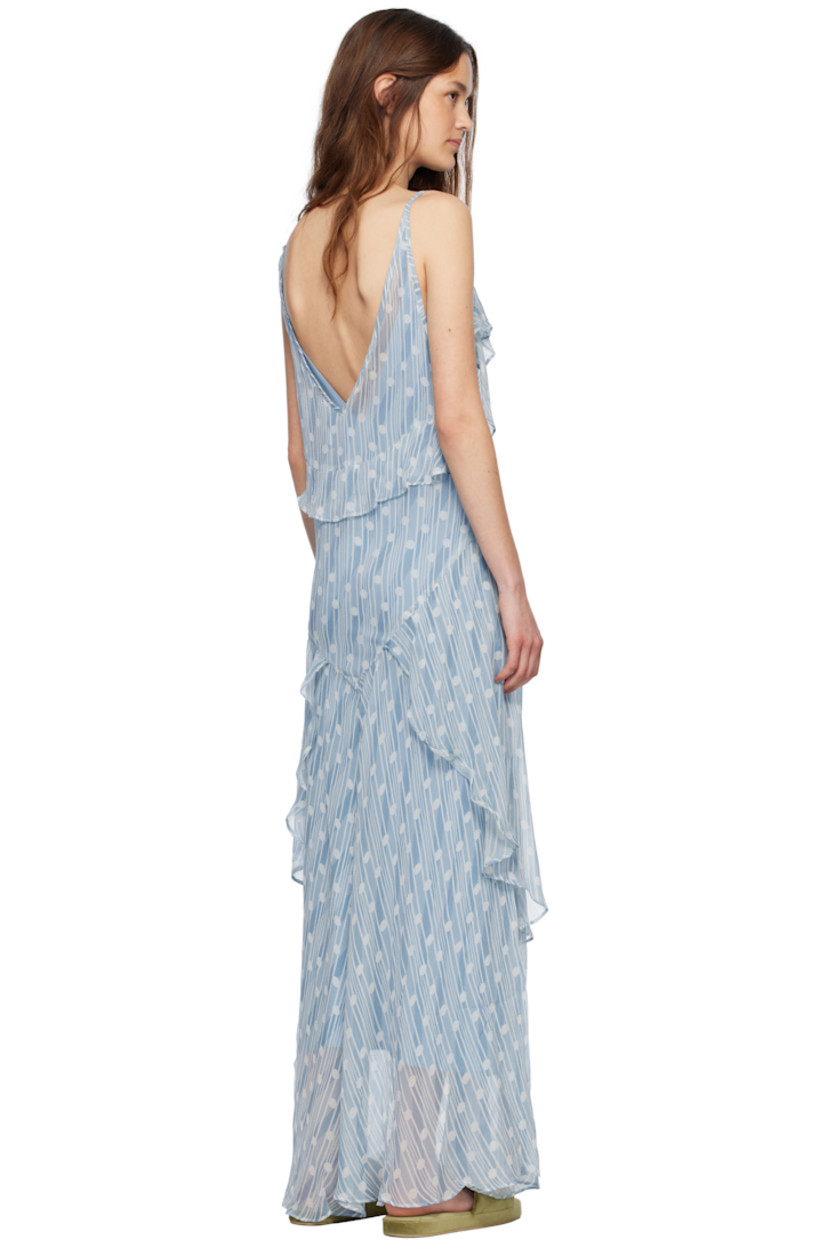 Semi-sheer silk gauze maxi dress. Ruffled trim, stripes, and polka dot pattern throughout.

· Plunging V-neck
· Fixed spaghetti straps
· Removable silk crêpe slip-style lining

This item is part of a limited run of 30.

Supplier color: Blue
