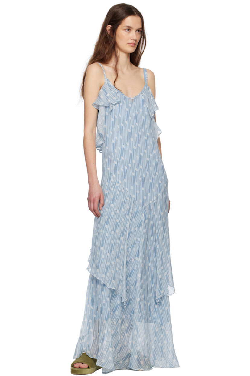 Semi-sheer silk gauze maxi dress. Ruffled trim, stripes, and polka dot pattern throughout.

· Plunging V-neck
· Fixed spaghetti straps
· Removable silk crêpe slip-style lining

This item is part of a limited run of 30.

Supplier color: Blue