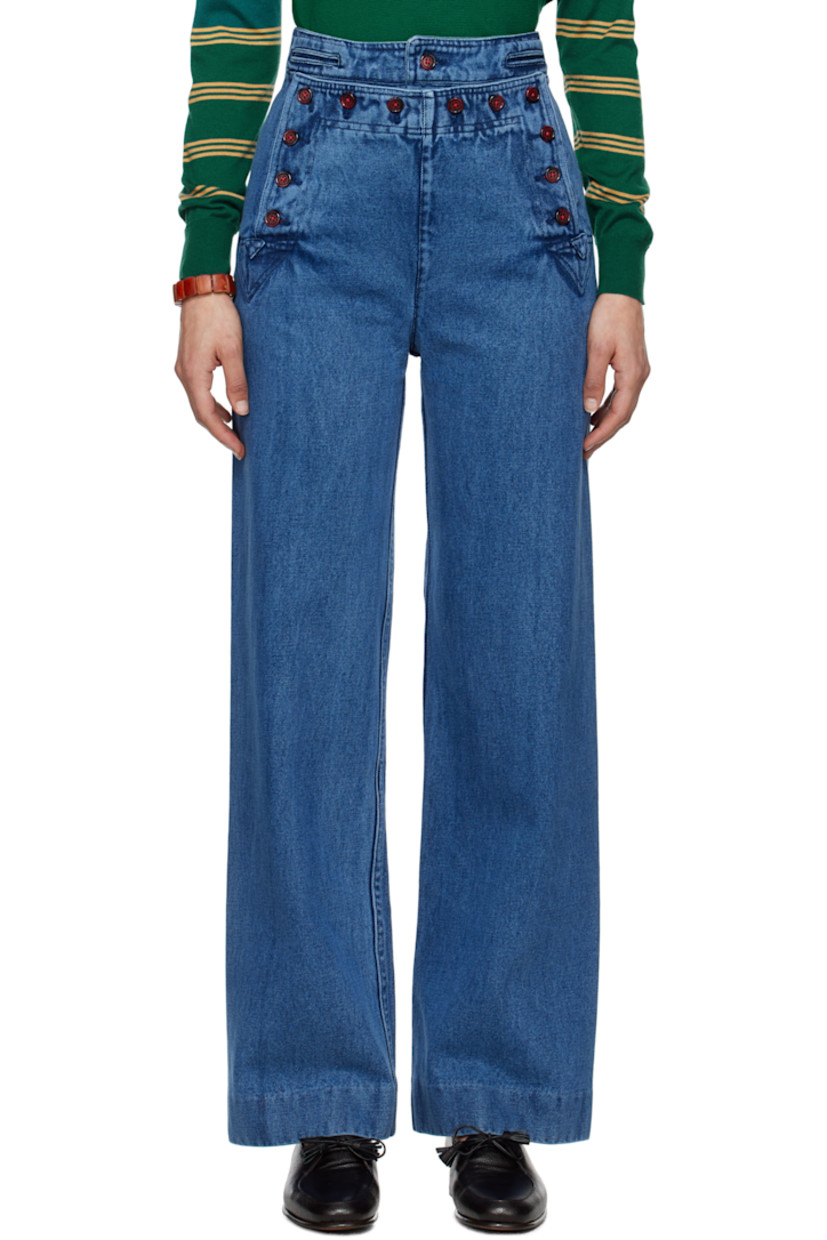 Non-stretch denim jeans. Fading throughout. 

· Three-pocket styling
· Button fly
· Fold-down panel with button fastening
· Darts at back 

This item is part of a limited run of 90.

Supplier color: Indigo