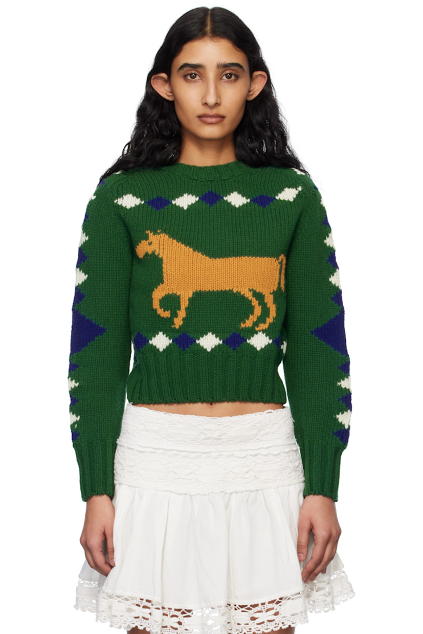 Knit merino wool sweater. Jacquard graphic pattern throughout.

· Rib-knit crewneck, hem, and cuffs
· Intarsia graphic at front
· Saddle shoulders

This item is part of a limited run of 90.

Supplier color: Green