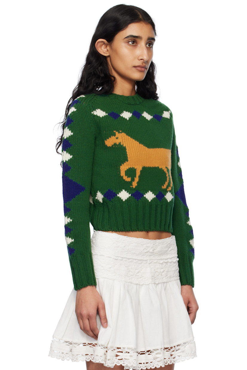 Knit merino wool sweater. Jacquard graphic pattern throughout.

· Rib-knit crewneck, hem, and cuffs
· Intarsia graphic at front
· Saddle shoulders

This item is part of a limited run of 90.

Supplier color: Green