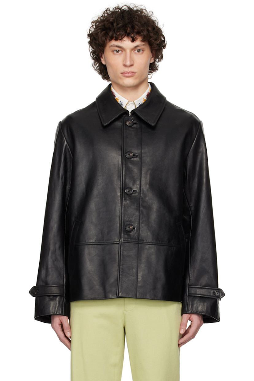 Grained leather jacket. 

· Paneled construction 
· Spread collar 
· Buttoned tab for stand collar-styling
· Button closure 
· Welt pockets at front 
· Adjustable button tab at cuffs 
· Locker loop at interior collar
· Welt pocket at interior 
· Full twill lining
· Horn hardware

This item is part of a limited run of 70.

Supplier color: Black