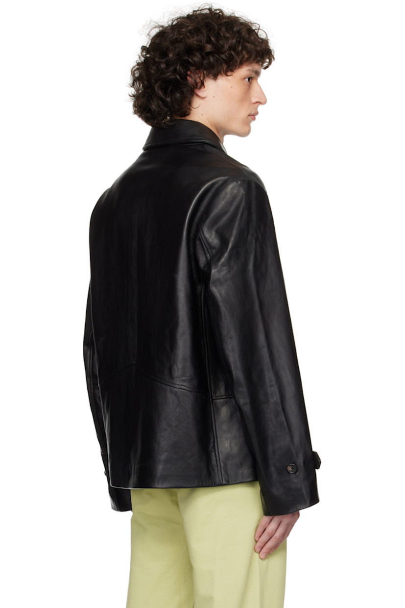 Grained leather jacket. 

· Paneled construction 
· Spread collar 
· Buttoned tab for stand collar-styling
· Button closure 
· Welt pockets at front 
· Adjustable button tab at cuffs 
· Locker loop at interior collar
· Welt pocket at interior 
· Full twill lining
· Horn hardware

This item is part of a limited run of 70.

Supplier color: Black