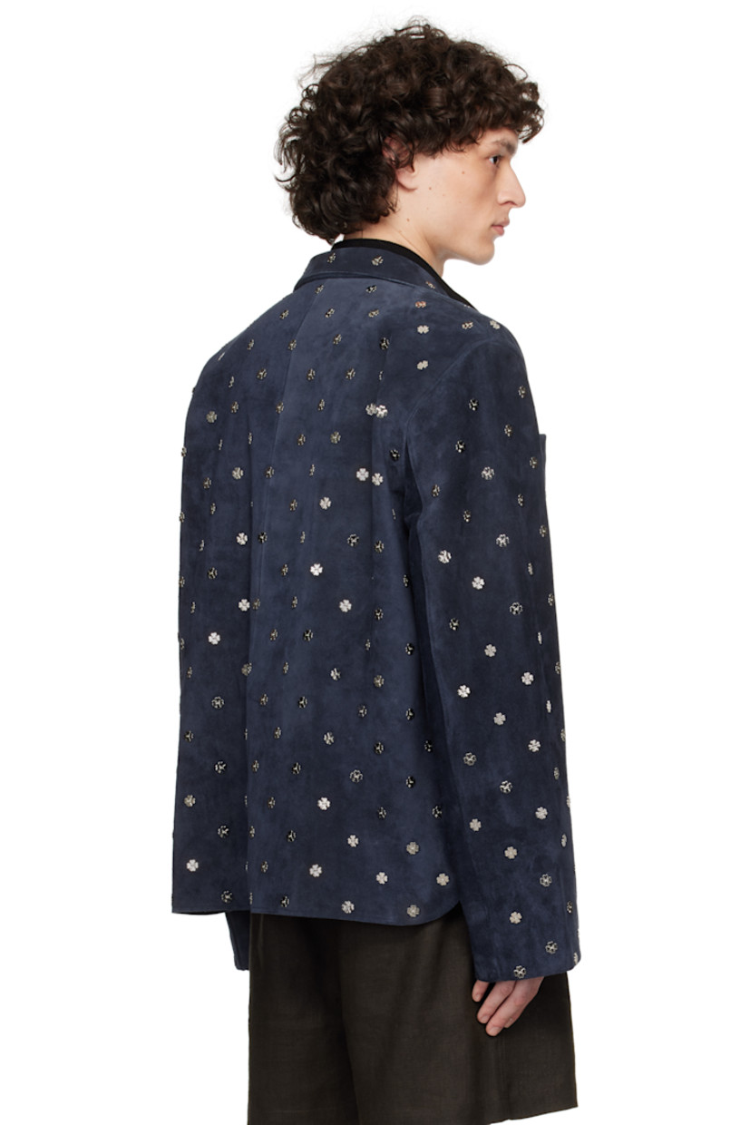 Suede shirt. Graphic hardware throughout. 

· Open spread collar 
· Button closure
· Patch pockets
· Vented side seams
· Full satin lining 
· Silver-tone hardware

This item is part of a limited run of 40.

Supplier color: Dark navy