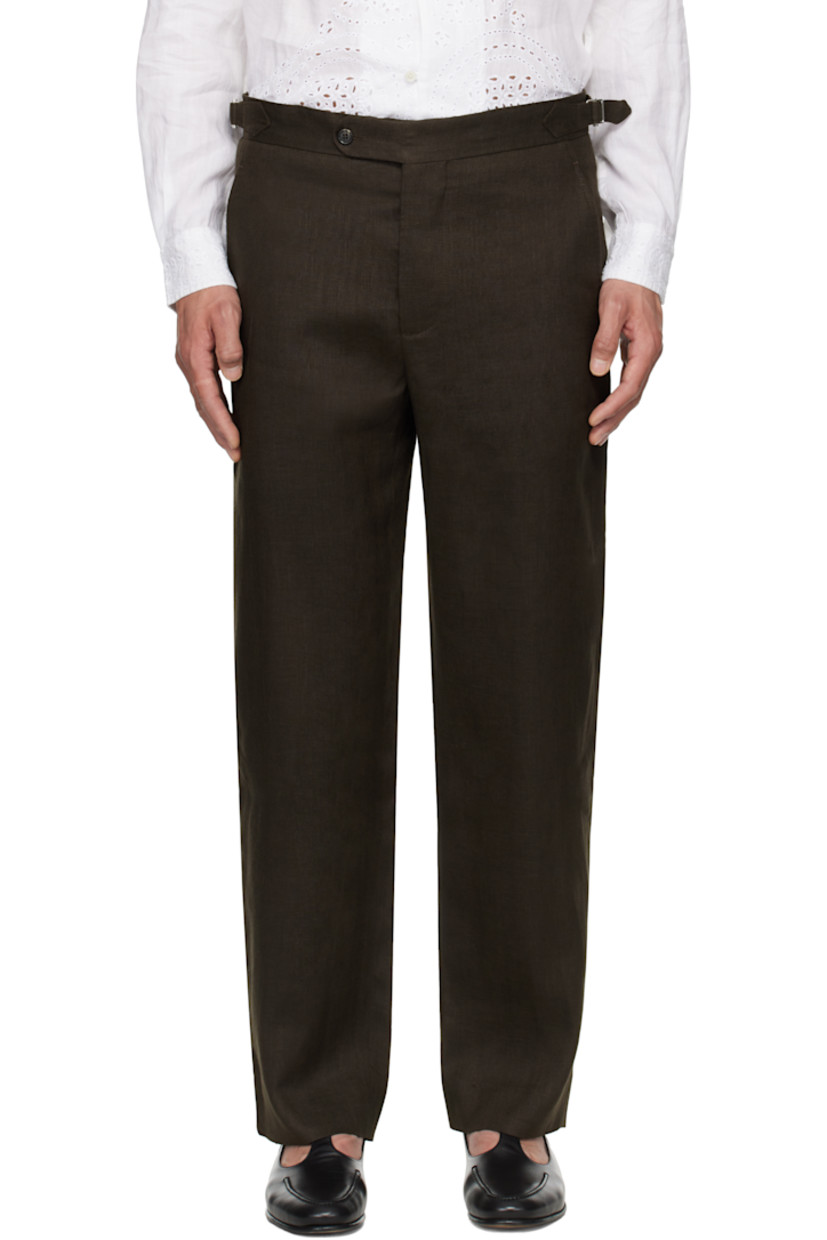 Lightweight plain-woven linen trousers. 

· Cinch tabs at waistband 
· Four-pocket styling 
· Zip fly 
· Darts at back 
· Full satin lining 

This item is part of a limited run of 185.

Supplier color: Brown/Black