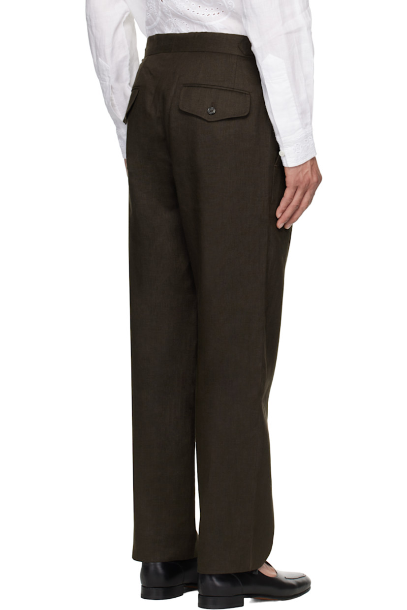 Lightweight plain-woven linen trousers. 

· Cinch tabs at waistband 
· Four-pocket styling 
· Zip fly 
· Darts at back 
· Full satin lining 

This item is part of a limited run of 185.

Supplier color: Brown/Black