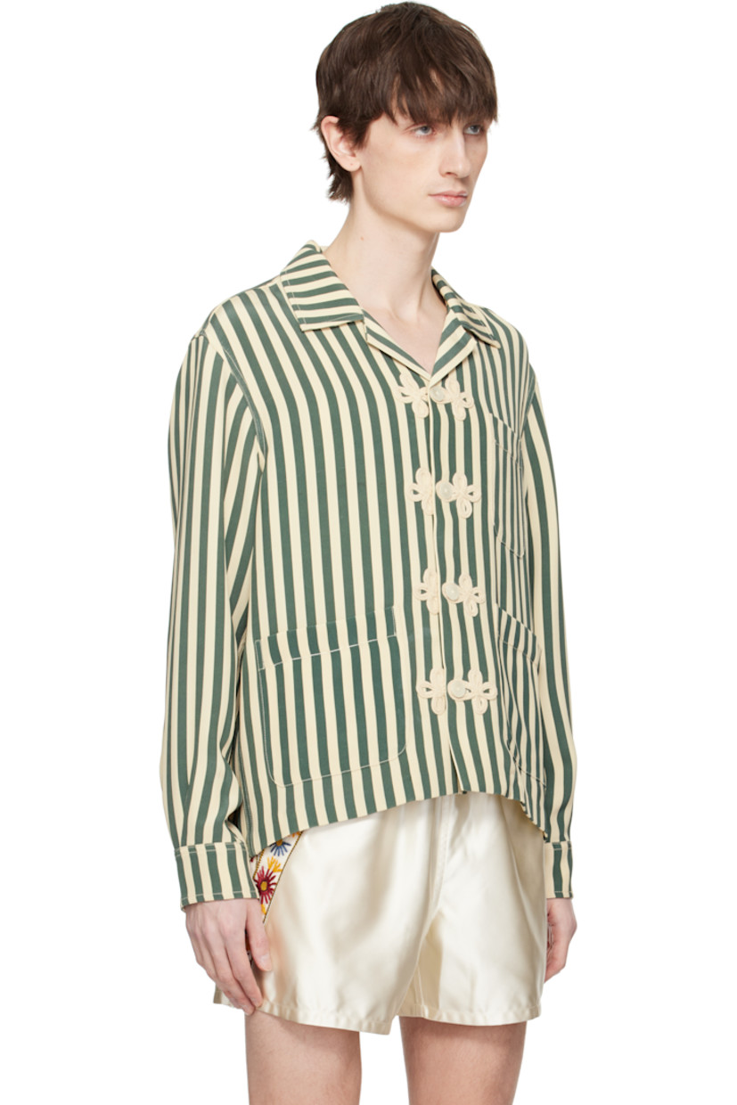 Silk satin shirt. Stripes throughout.

· Open spread collar
· Embroidered appliqués at button closure
· Patch pockets
· Buttoned barrel cuffs

This item is part of a limited run of 48.

Supplier color: Green/Cream