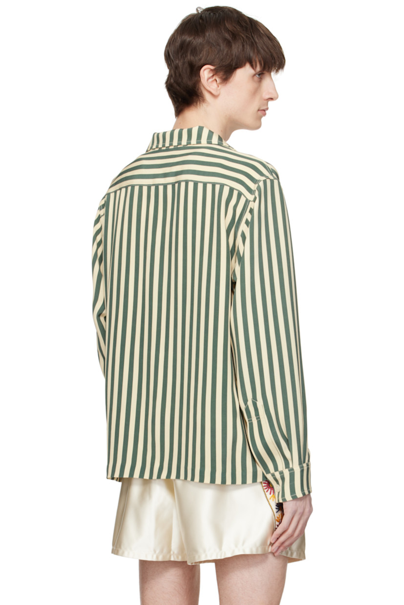 Silk satin shirt. Stripes throughout.

· Open spread collar
· Embroidered appliqués at button closure
· Patch pockets
· Buttoned barrel cuffs

This item is part of a limited run of 48.

Supplier color: Green/Cream