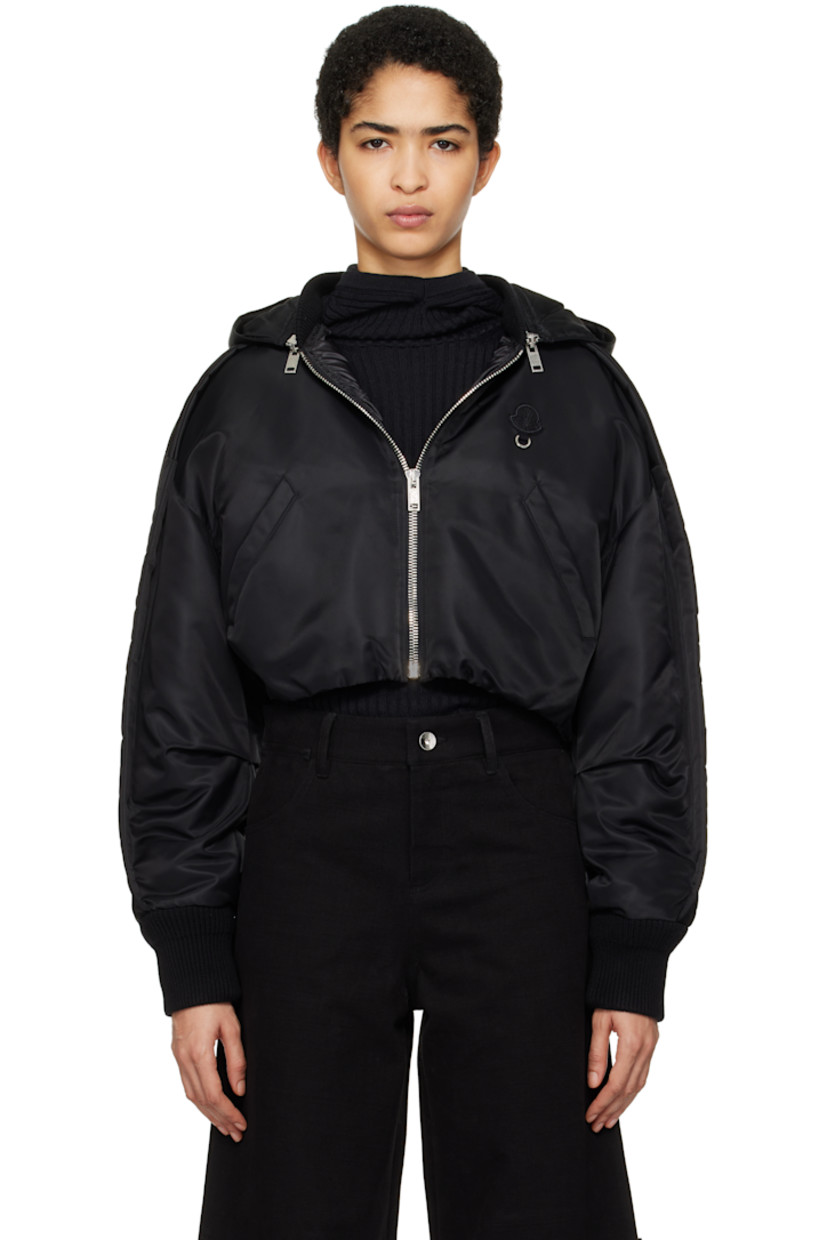 DIST-certified down-filled nylon taffeta jacket.

· Grommets at detachable hood
· Rib-knit stand collar and cuffs
· Zip closure
· Embroidered logo patch with O-ring at chest
· Welt pockets
· Elasticized cropped hem
· Dropped shoulders
· Ruching at sleeves and back
· Full quilted lining
· Logo-engraved silver-tone hardware

Part of the Moncler Genius x Willow Smith collaboration.

Supplier color: Black

Fill: 90% goose down, 10% goose feather.