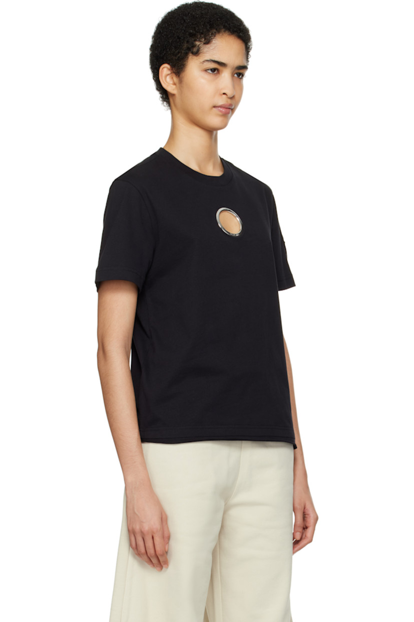 Cotton jersey T-shirt.

· Rib-knit crewneck
· Grommet at chest
· Rolled edge at hem
· Embroidered logo patch with O-ring at sleeve
· Logo-engraved silver-tone hardware

Part of the Moncler Genius x Willow Smith collaboration.

Supplier color: Black