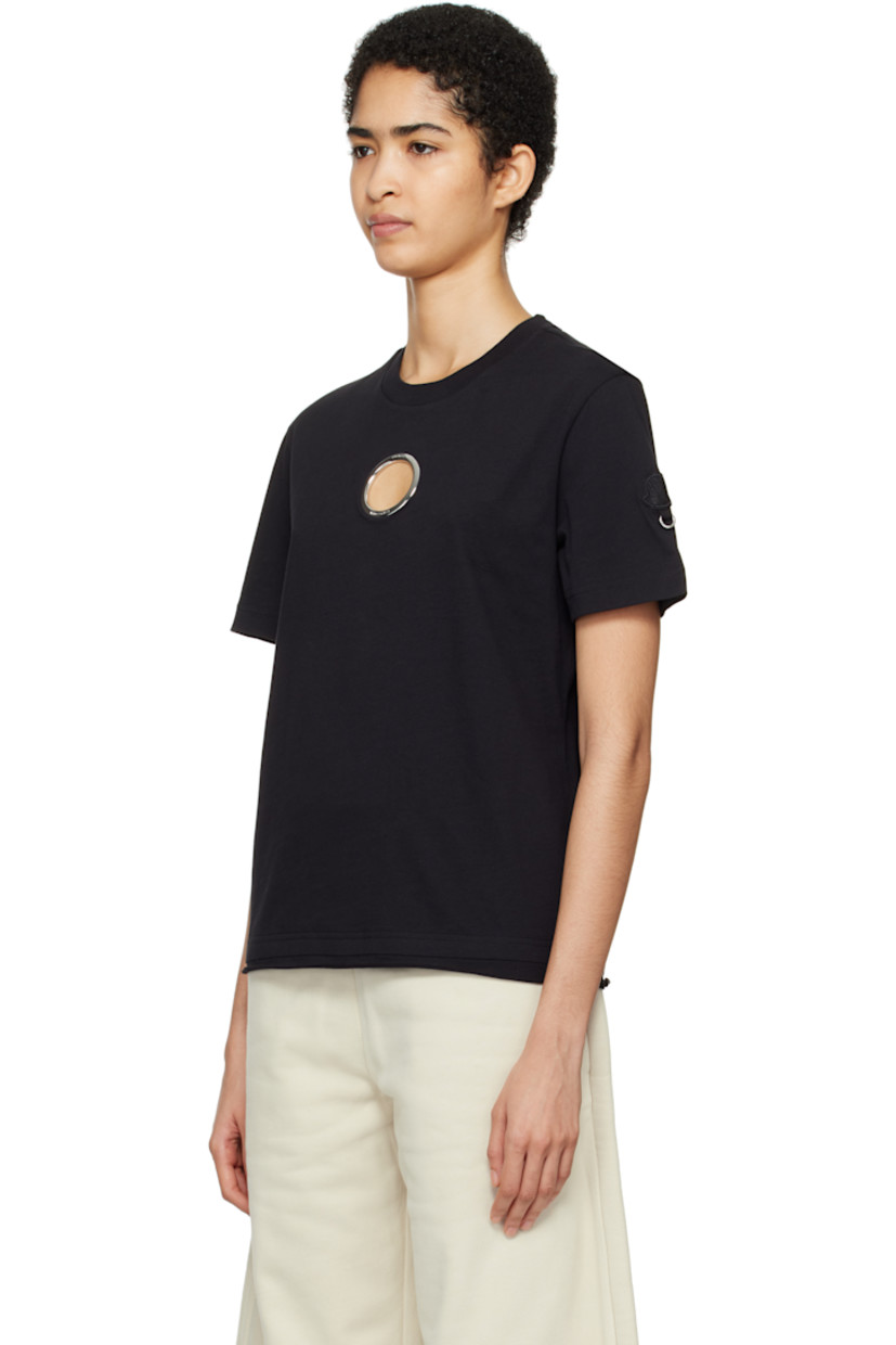 Cotton jersey T-shirt.

· Rib-knit crewneck
· Grommet at chest
· Rolled edge at hem
· Embroidered logo patch with O-ring at sleeve
· Logo-engraved silver-tone hardware

Part of the Moncler Genius x Willow Smith collaboration.

Supplier color: Black