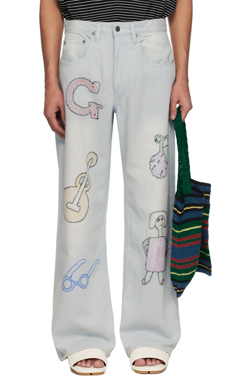 Loose-fit non-stretch denim jeans.

· Belt loops
· Five-pocket styling
· Zip fly
· Embroidered text and graphics at legs
· Leather logo patch at back waistband
· Logo-engraved gunmetal-tone hardware

Supplier color: Light blue