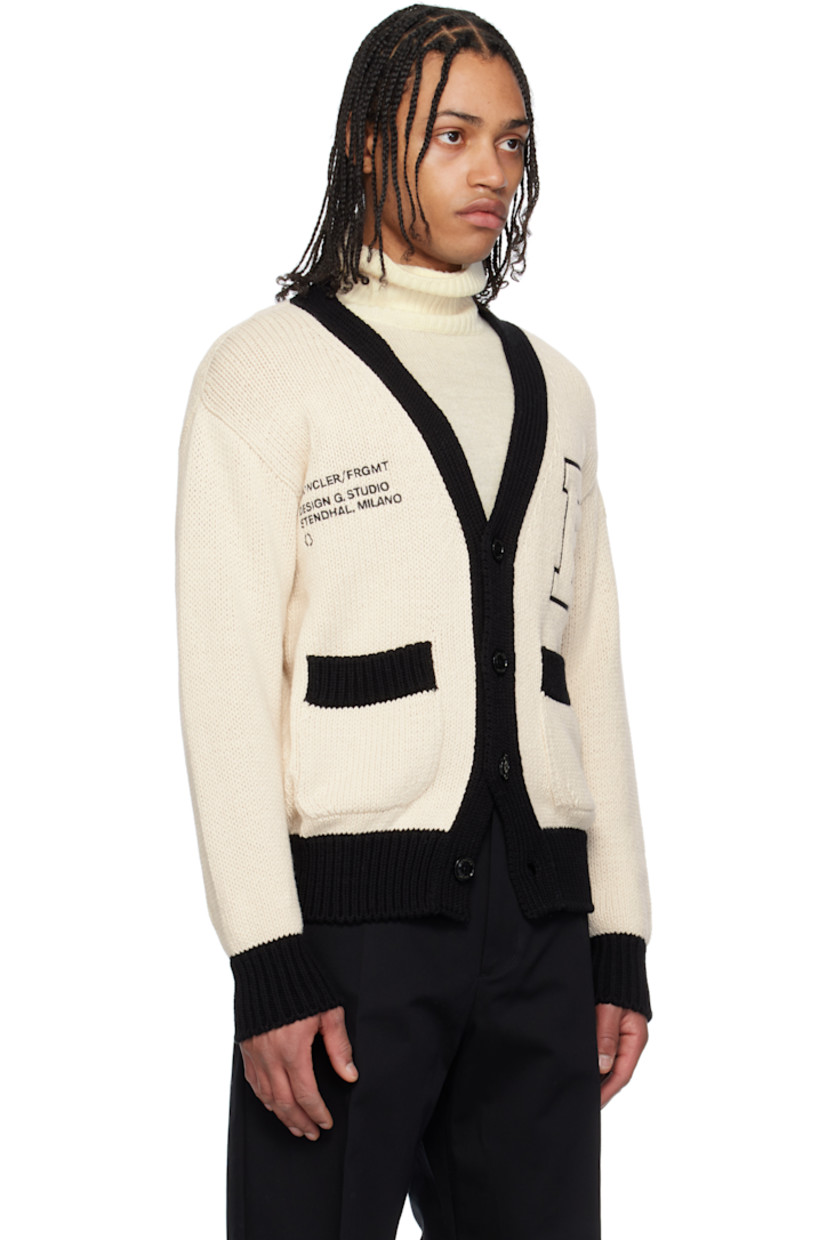 3-gauge stockinette-stitch knit cotton cardigan. 

· Y-neck
· Button closure
· Rib-knit hem and cuffs
· Logo and text embroidered at chest
· Patch pockets
· Felted logo patch at sleeve

Part of the Moncler Genius x FRGMT by Hiroshi Fujiwara collaboration.

Supplier color: White