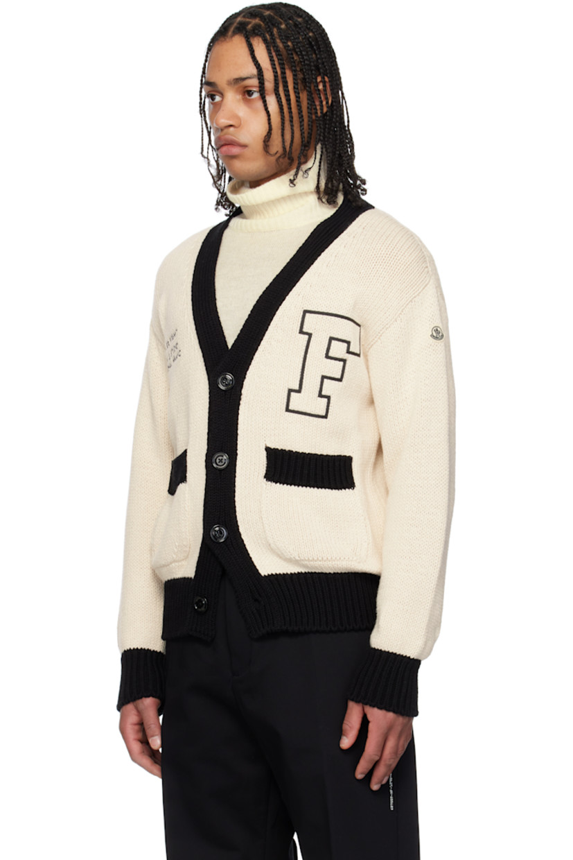 3-gauge stockinette-stitch knit cotton cardigan. 

· Y-neck
· Button closure
· Rib-knit hem and cuffs
· Logo and text embroidered at chest
· Patch pockets
· Felted logo patch at sleeve

Part of the Moncler Genius x FRGMT by Hiroshi Fujiwara collaboration.

Supplier color: White