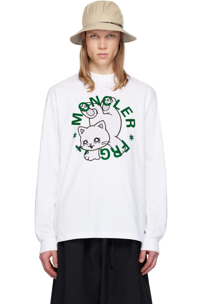 Cotton jersey T-shirt. 

· Rib-knit crewneck
· Graphic, text, and logo printed at front
· Felted logo at front and back
· Felted logo patch at sleeve
· Rib-knit cuffs

Part of the Moncler Genius x FRGMT by Hiroshi Fujiwara collaboration.

Supplier color: Brilliant white