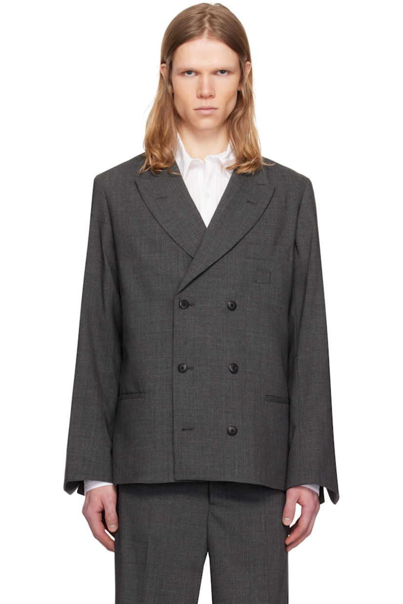 Stretch wool-blend flannel blazer. Houndstooth pattern throughout.

· Peaked lapel
· Double-breasted button closure
· Patch pocket at chest
· Welt pockets at front
· Padded shoulders
· Vented cuffs
· Darts at back shoulders
· Welt pockets at interior
· Full satin lining

Supplier color: Dark grey