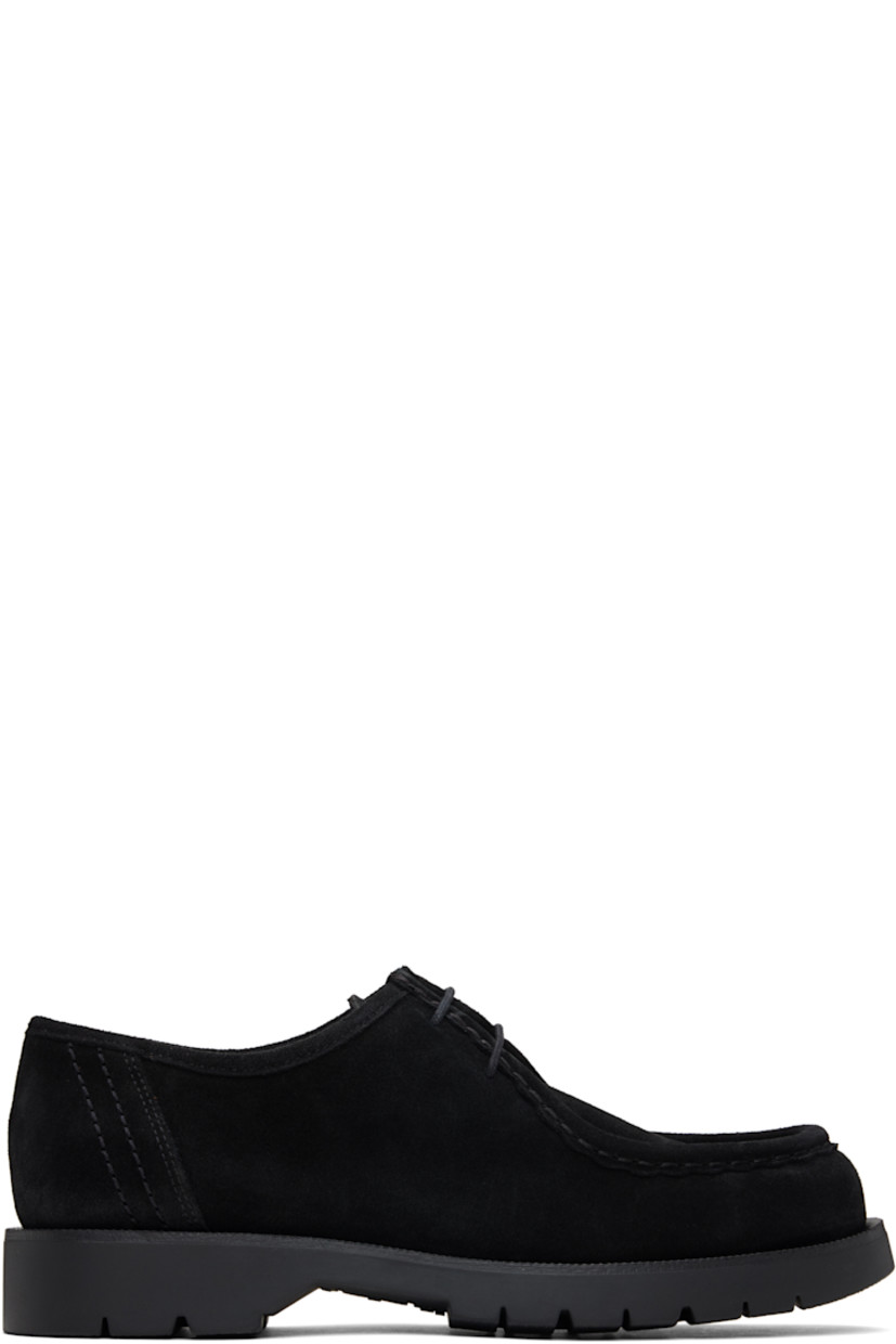 LWG-certified suede derbys in black.

· Scalloped edge at moc toe
· Lace-up closure
· Grained leather and microfiber lining
· Serrated detailing at welt
· Treaded rubber sole

Supplier color: Black