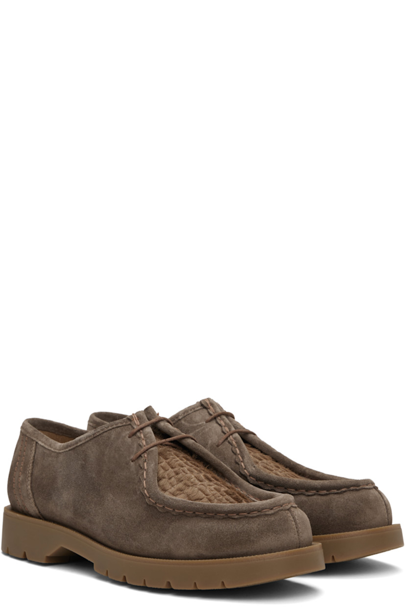 LWG-certified suede and hair-on leather derbys in taupe.

· Scalloped edge at moc toe
· Snake pattern at vamp
· Lace-up closure
· Grained leather and microfiber lining
· Serrated detailing at welt
· Treaded rubber sole

Supplier color: Taupe