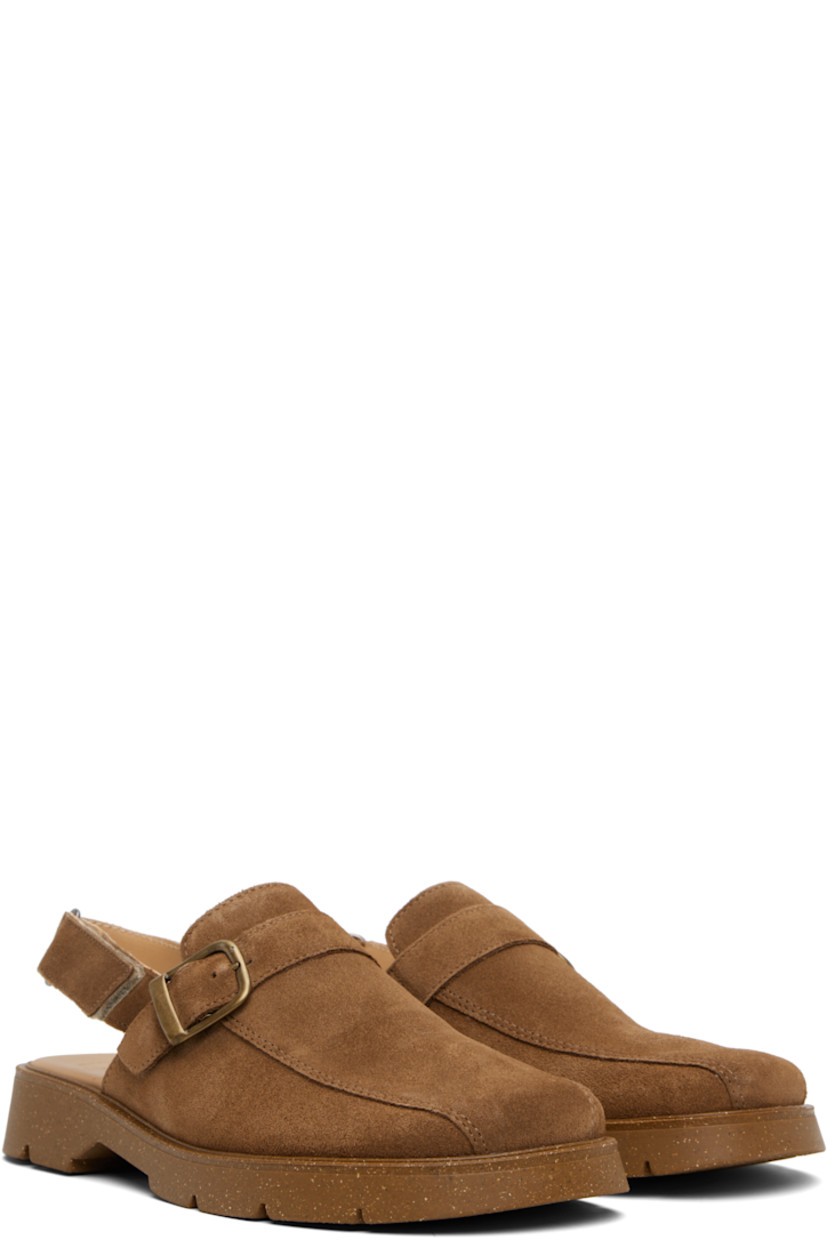 Suede sandals in tan.

· LWG-certified leather
· Pin-buckle strap at vamp
· Velcro slingback strap
· Buffed leather lining
· Treaded recycled rubber sole
· Gold-tone hardware

Supplier color: Cognac