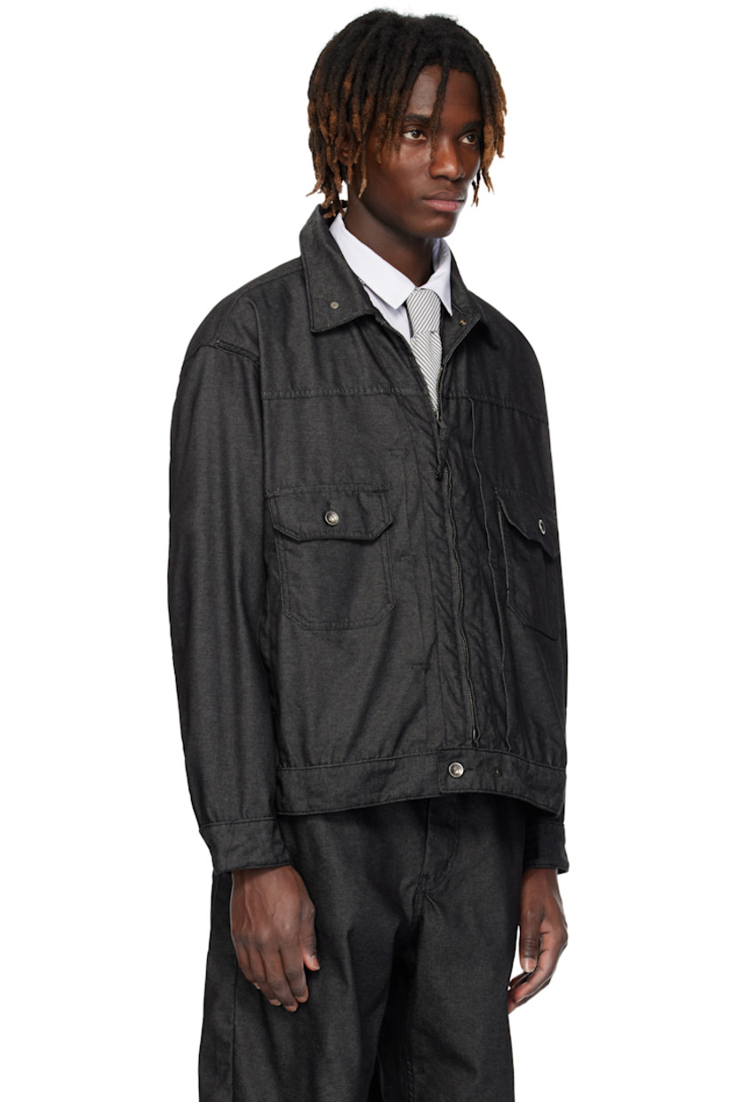 Non-stretch denim jacket. 

· Press-stud hardware at spread collar
· Two-way zip closure
· Flap and welt pockets
· Button fastening at hem
· Single-button barrel cuffs
· Adjustable button tab at back
· Logo-engraved silver-tone hardware

Supplier color: Black