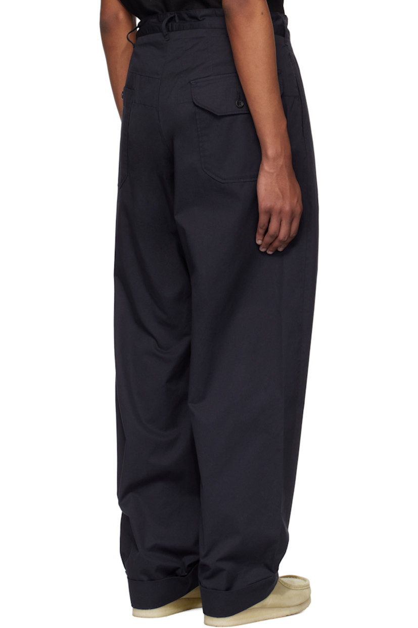 Cotton twill trousers.

· Belt loops
· Concealed drawstring at waistband
· Four-pocket styling
· Zip fly
· Pleats at front
· Rolled cuffs

Supplier color: Dk. navy