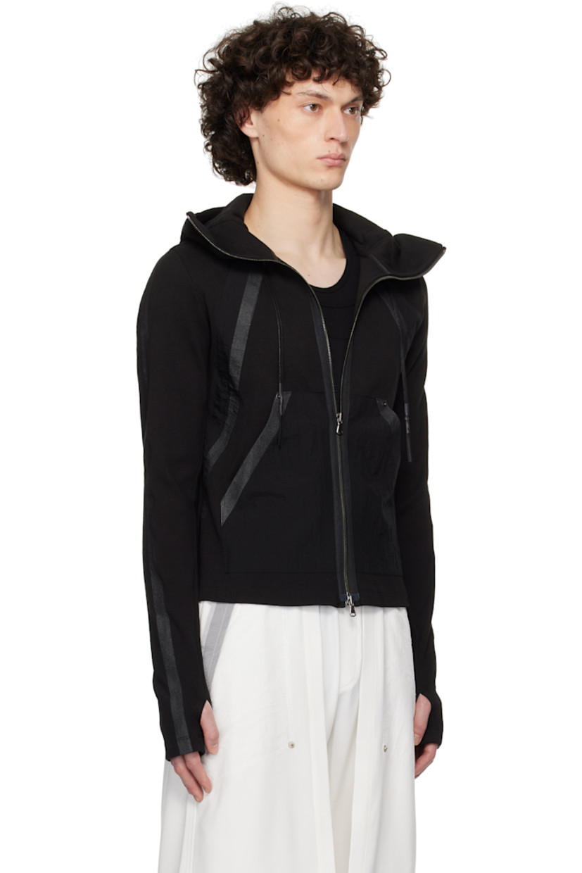 Cotton jersey hoodie. Nylon ripstop panels throughout. 

· Paneled construction 
· Drawstring at hood
· Two-way zip closure
· Patch pockets
· Press-stud hardware at front and back collar 

Supplier color: Black