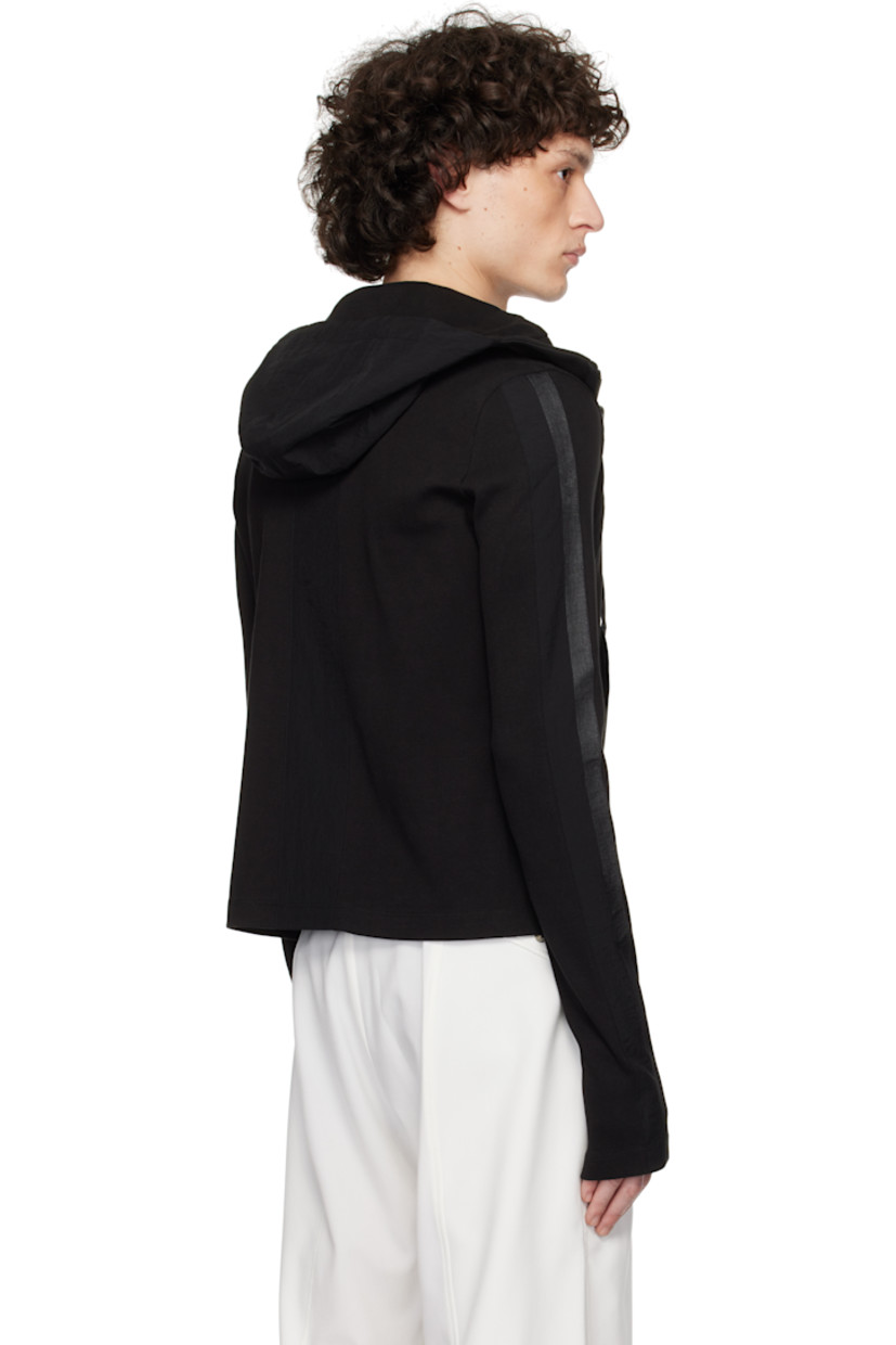 Cotton jersey hoodie. Nylon ripstop panels throughout. 

· Paneled construction 
· Drawstring at hood
· Two-way zip closure
· Patch pockets
· Press-stud hardware at front and back collar 

Supplier color: Black