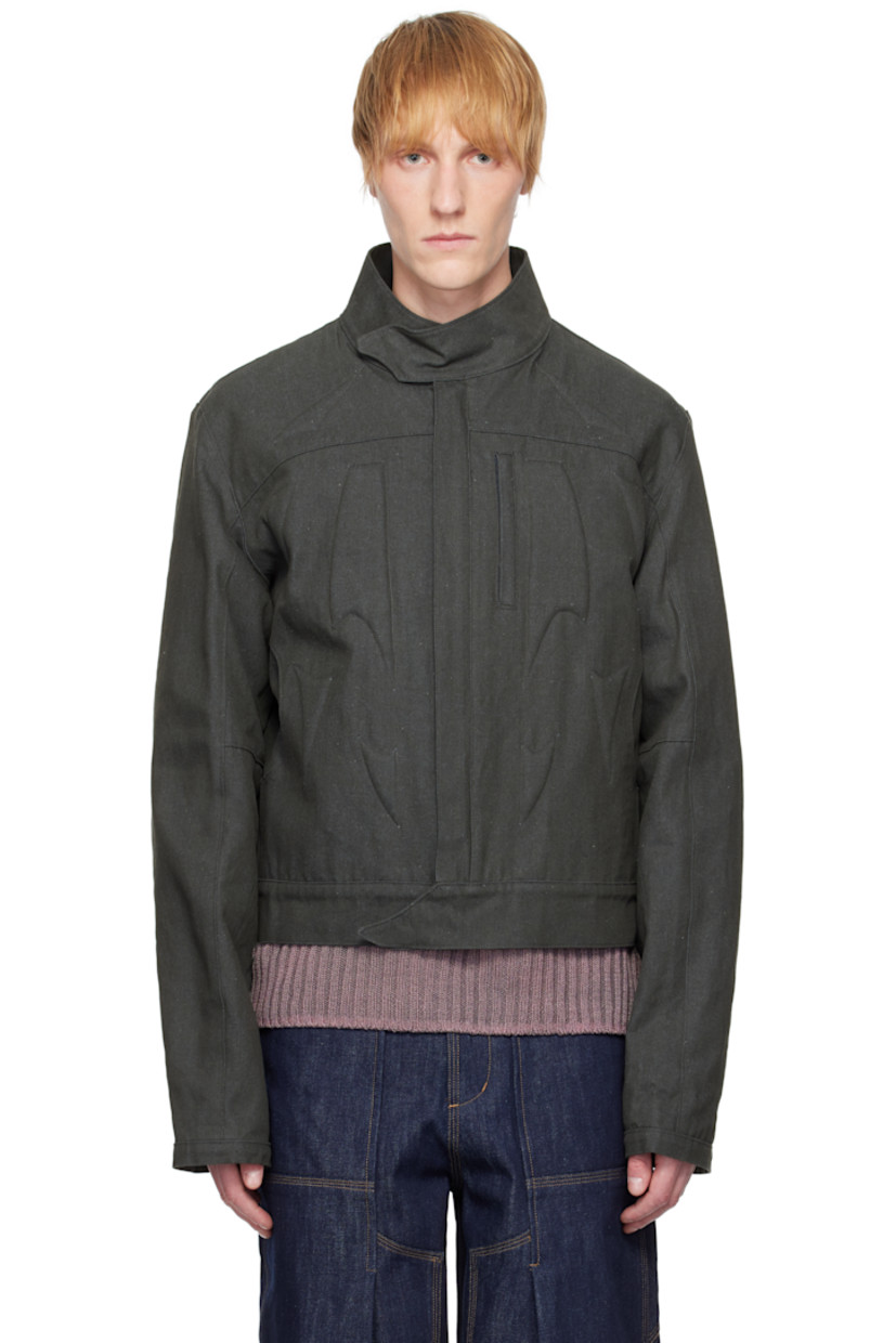 Cotton gabardine jacket. Padded graphic inserts throughout.

· Press-stud tab at stand collar and front hem
· Logo charm at zip closure
· Zip pocket and welt pockets
· Patch pocket at side seams
· Full cotton jersey lining

Supplier color: Grey